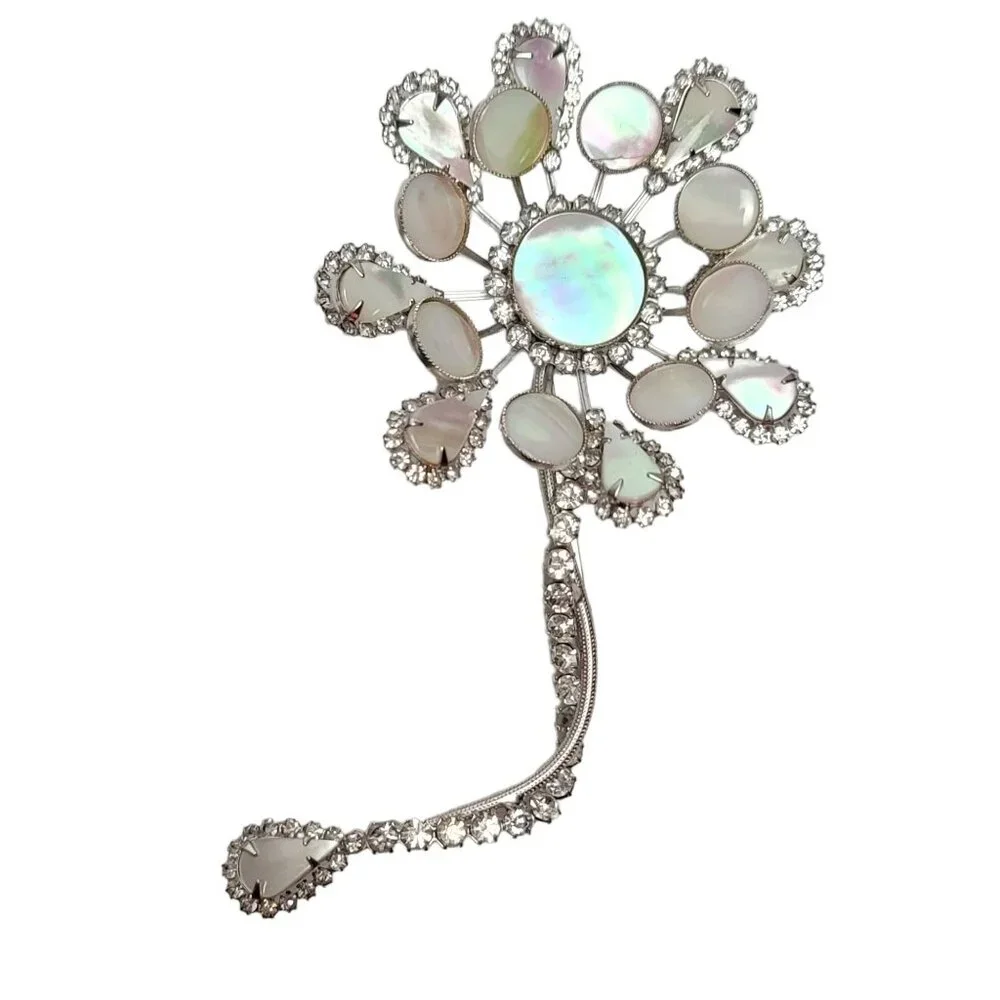 Hattie Carnegie Silvertone Statement Mother Of Pearl Clear Rhinestone Flower Pin